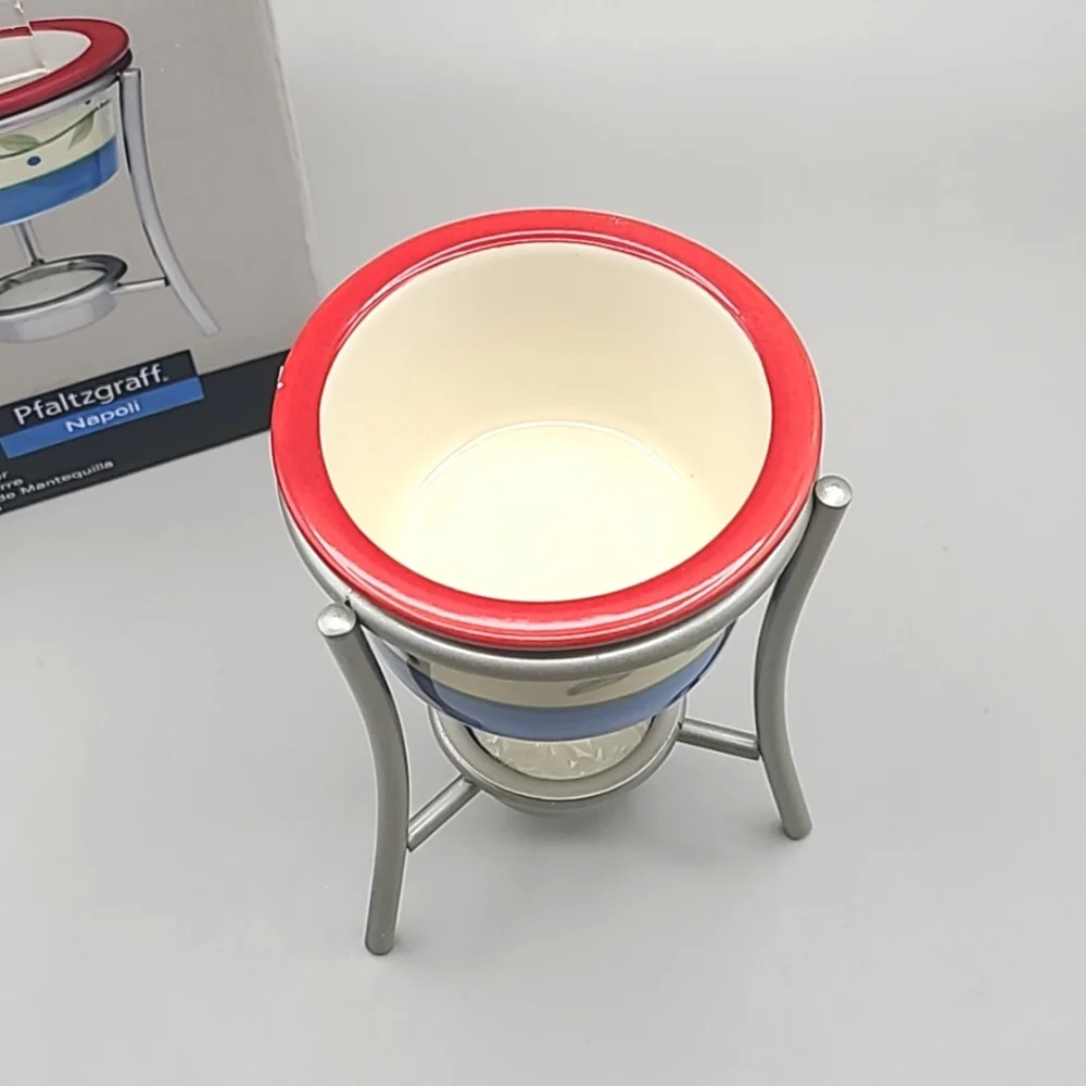 Pfaltzgraff Butter Warmer with Cup & Metal Stand Napoli Stoneware, NIB
